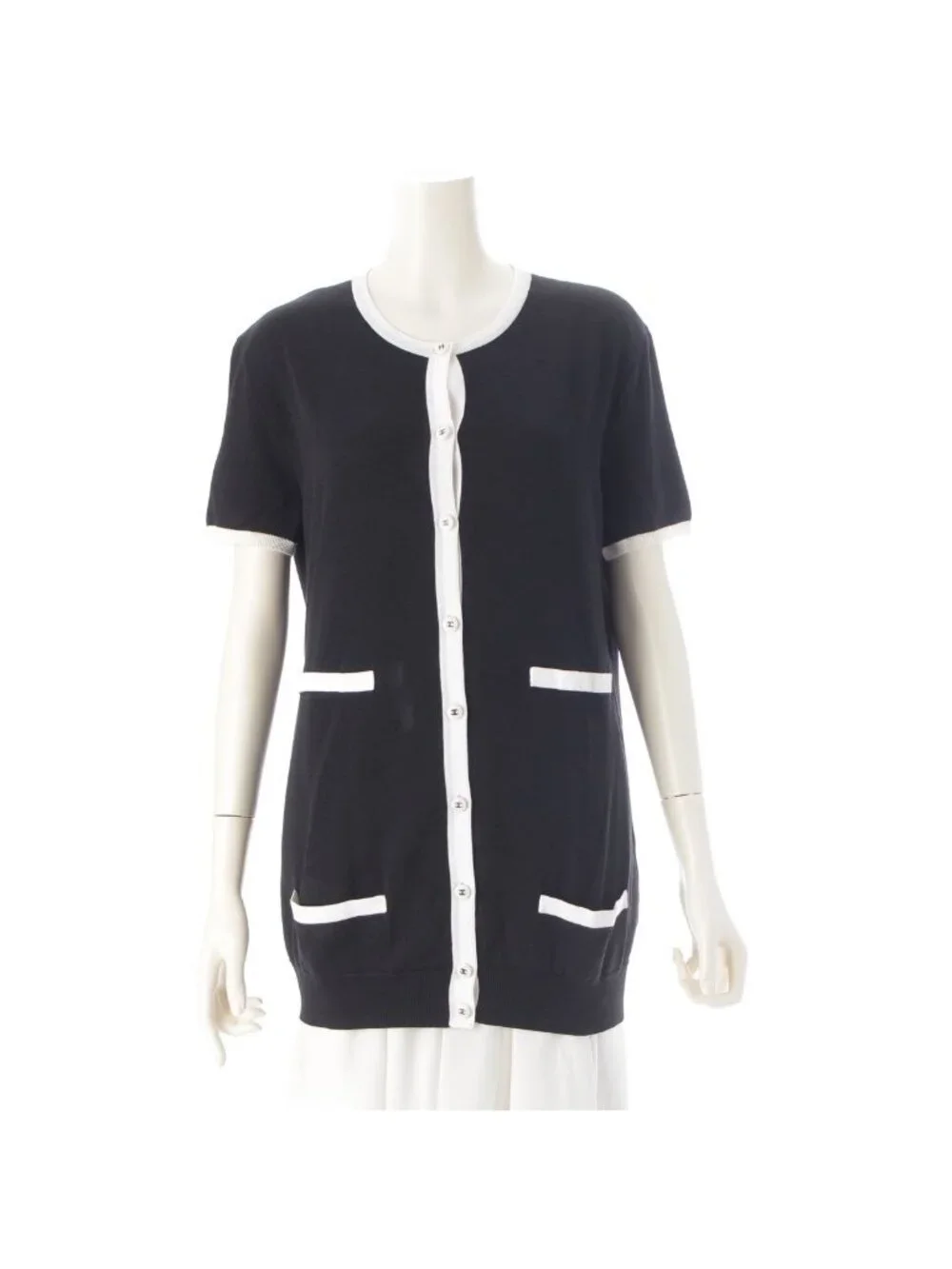 Chanel Cotton Knit Short Sleeve Cardigan Top Black 42